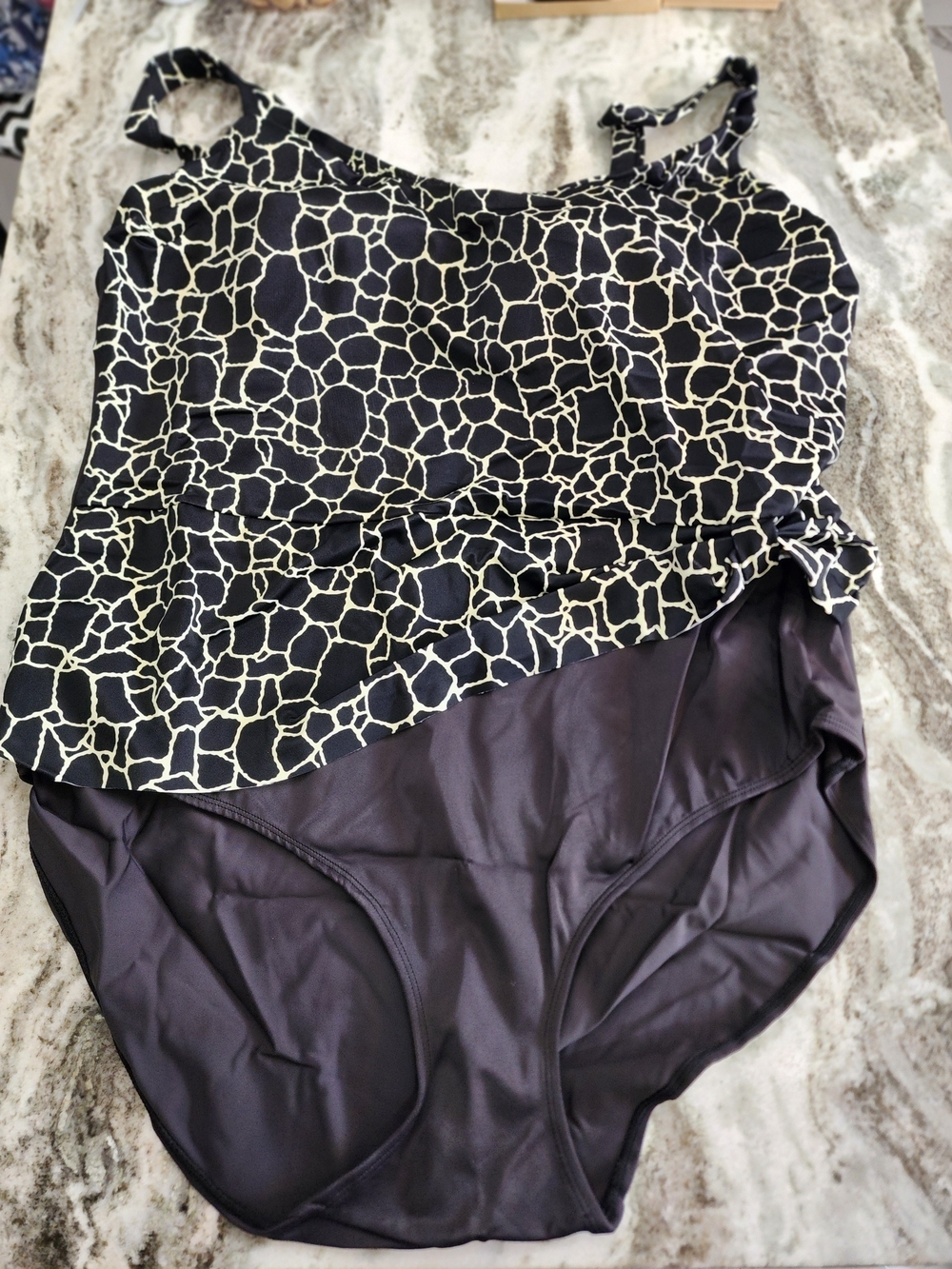 Black & Cream One-Piece Swim Suit with Printed Overlay